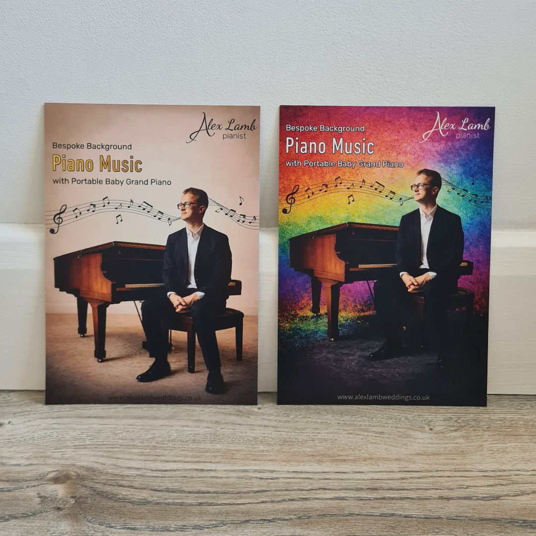 Alex Lamb Pianist conventional leaflet cover (left) and alternative leaflet cover (right)