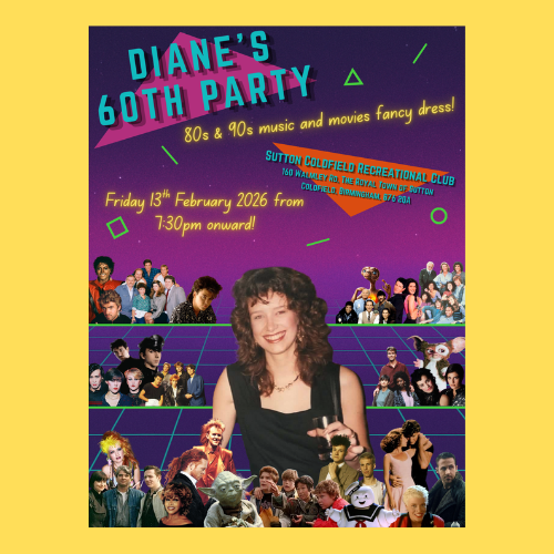 An 80s and 90s digital party invitation for Diane.