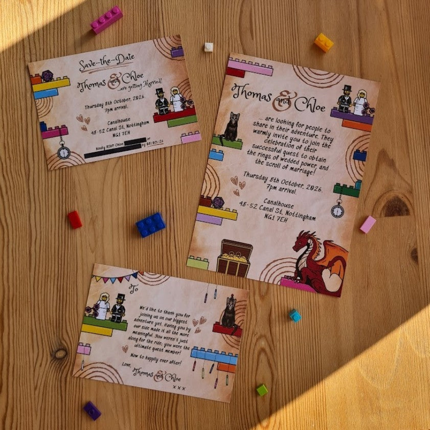 ALÈCLEE Designs - DnD and LEGO-Themed Wedding Stationary Collection, Including Save-the-Date, Invitation, and Thank You Cards.