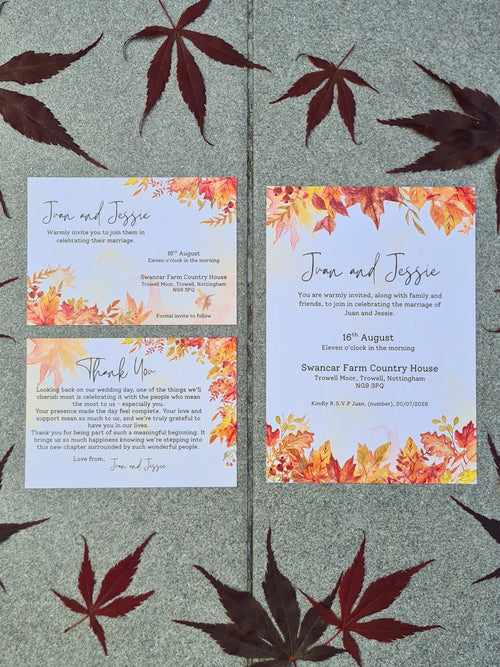 ALÈCLEE Designs - Falling in Love Wedding Stationery Collection. A warm, romantic collection featuring rich autumn foliage, elegant calligraphy, and refined modern typography. Inspired by the tones and textures of the season, this design sets a beautiful tone for a heartfelt autumn celebration.