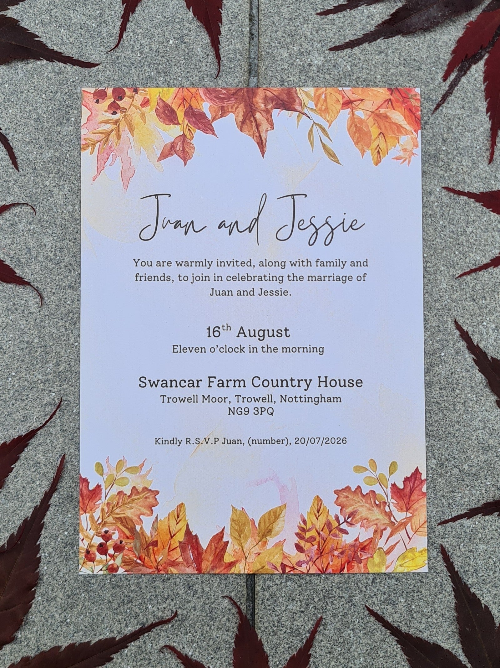 ALÈCLEE Designs - Falling in Love Wedding Stationery Collection. A stylish Invitation featuring romantic, rich autumn foliage, elegant calligraphy, and refined modern typography. Inspired by the tones and textures of the season, this design sets a beautiful tone for a heartfelt autumn celebration.