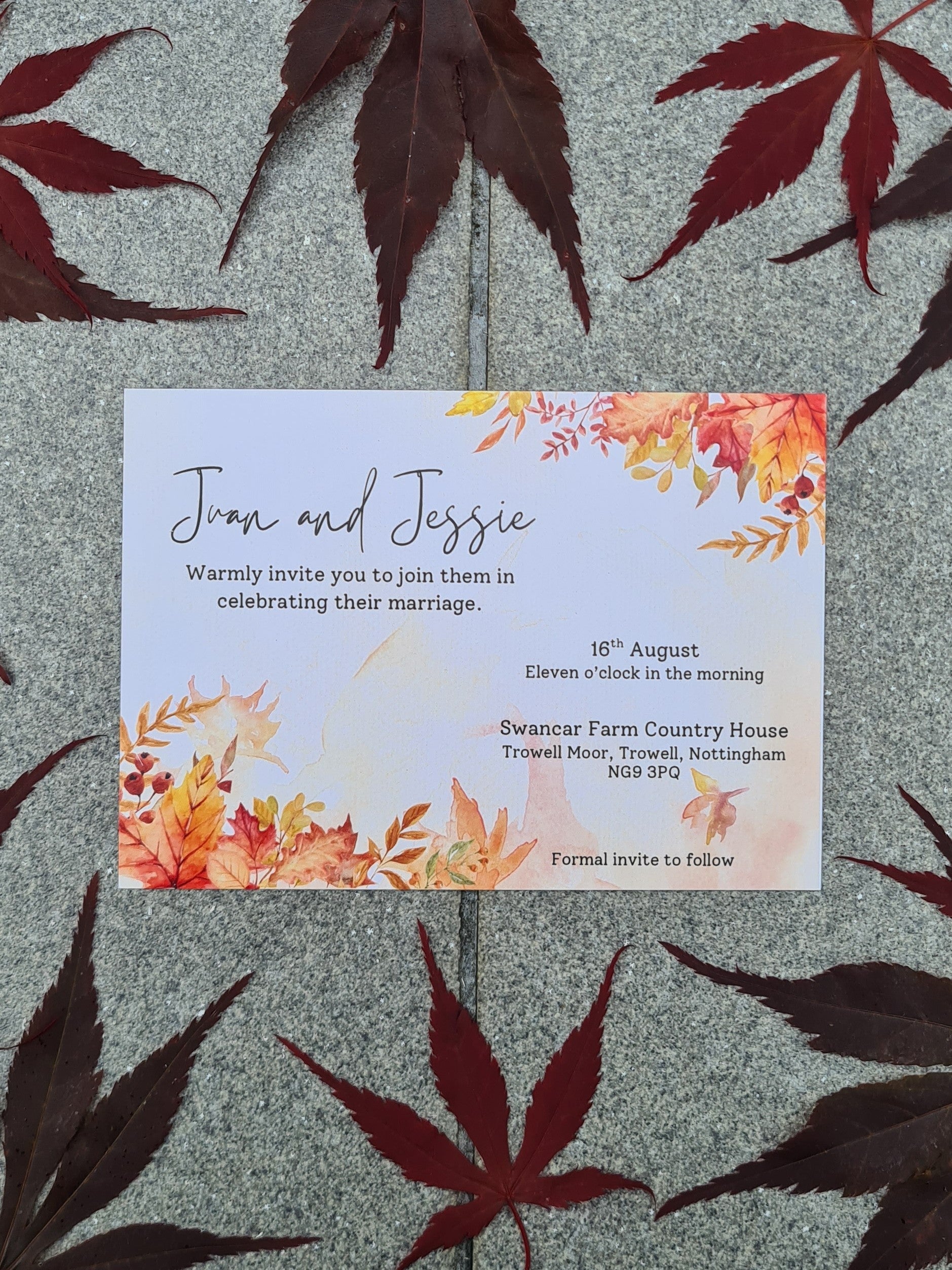 ALÈCLEE Designs - Falling in Love Wedding Stationery Collection. A stylish Save-the-Date featuring romantic, rich autumn foliage, elegant calligraphy, and refined modern typography. Inspired by the tones and textures of the season, this design sets a beautiful tone for a heartfelt autumn celebration.