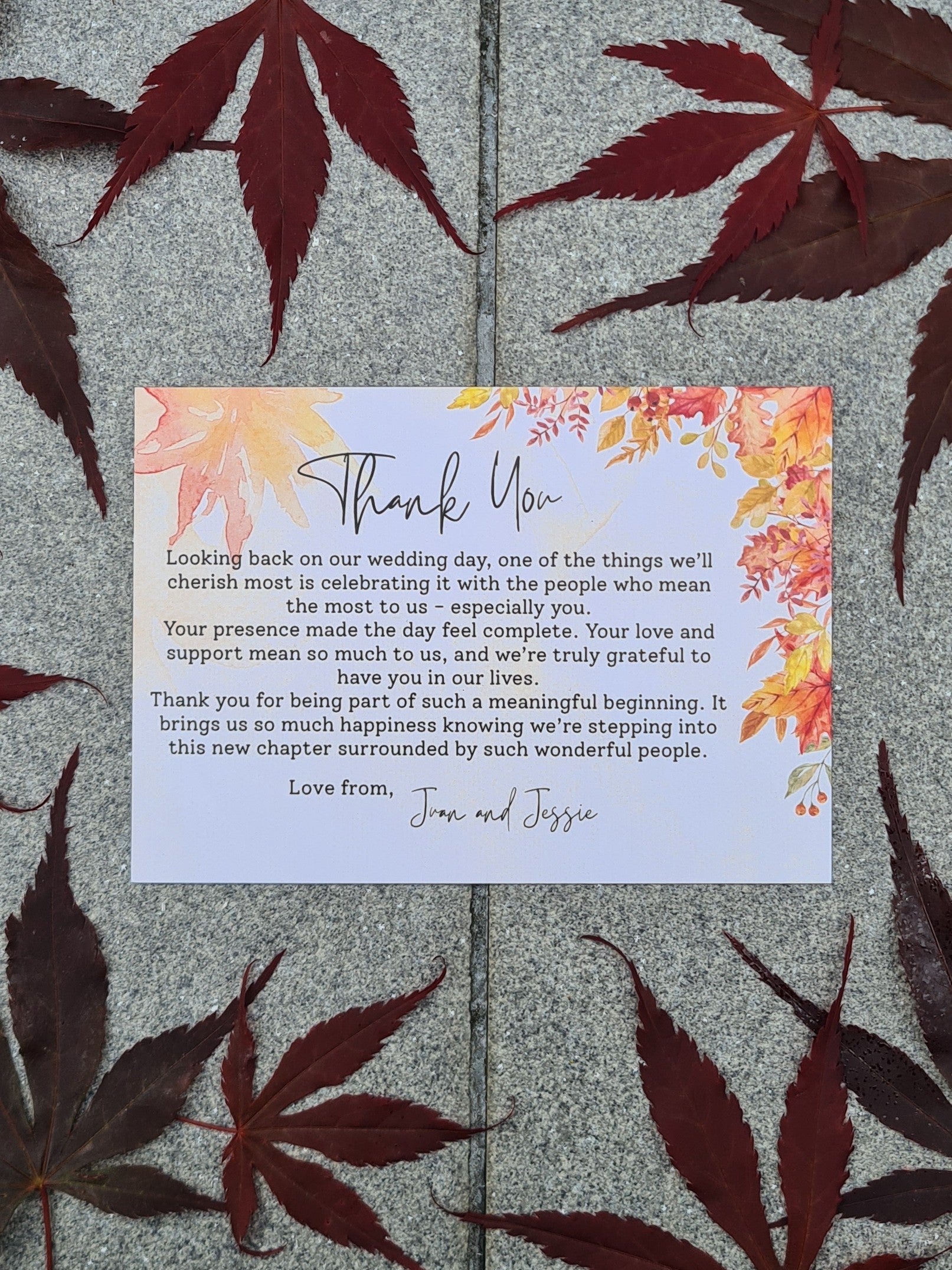 ALÈCLEE Designs - Falling in Love Wedding Stationery Collection. A stylish Thank You Card featuring romantic, rich autumn foliage, elegant calligraphy, and refined modern typography. Inspired by the tones and textures of the season, this design sets a beautiful tone for a heartfelt autumn celebration.