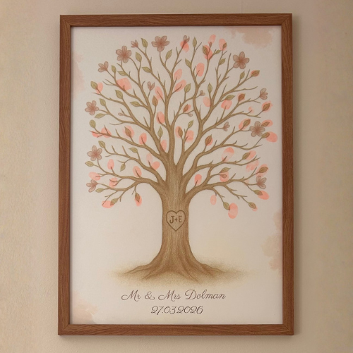 A fingerprint tree featuring apple blossoms and the couple's initials carved into the trunk.