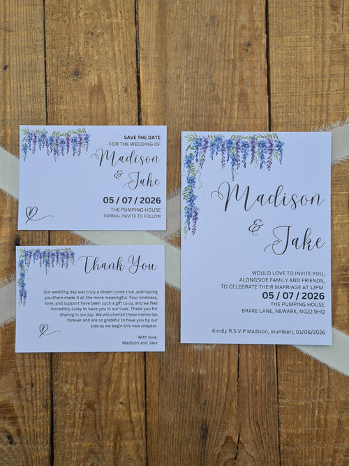 ALÈCLEE Designs - Lavender Wedding Stationery Collection. A refined collection featuring elegant lavender florals, flowing calligraphy, and clean modern typography. Perfect for couples drawn to soft colour palettes and understated sophistication, this design sets a graceful tone for a beautifully styled celebration.