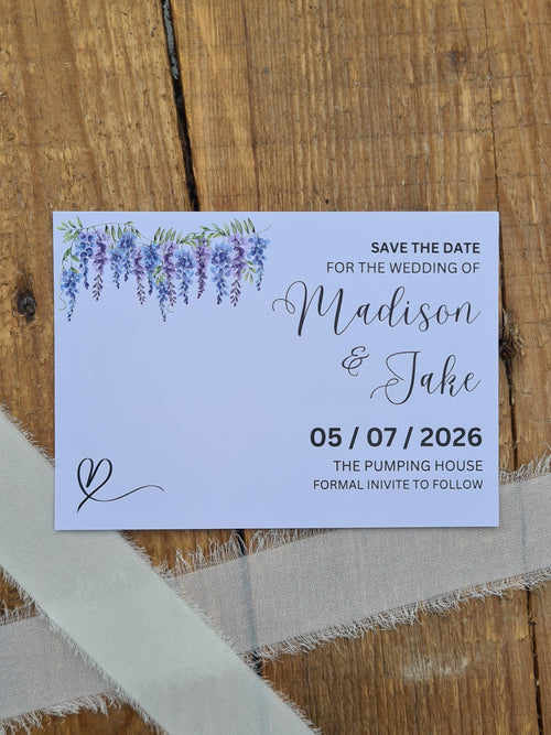 ALÈCLEE Designs - Lavender Wedding Stationery Collection. A refined save-the-date featuring elegant lavender florals, flowing calligraphy, and clean modern typography. Perfect for couples drawn to soft colour palettes and understated sophistication, this design sets a graceful tone for a beautifully styled celebration.