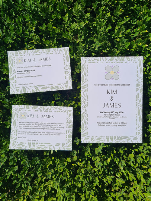 ALÈCLEE Designs - Love at First Serve Wedding Stationery Collection. An elegant, playful collection featuring fresh green foliage, tennis-inspired florals, and refined modern typography. Inspired by the timeless charm of Wimbledon, this design adds a stylish sporting touch to your celebration.
