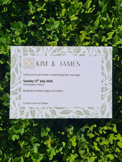 ALÈCLEE Designs - Love at First Serve Wedding Stationery Collection. An elegant and playful Save-the-Date featuring fresh green foliage, tennis-inspired florals, and refined modern typography. Inspired by the timeless charm of Wimbledon, this design adds a stylish sporting touch to your celebration.