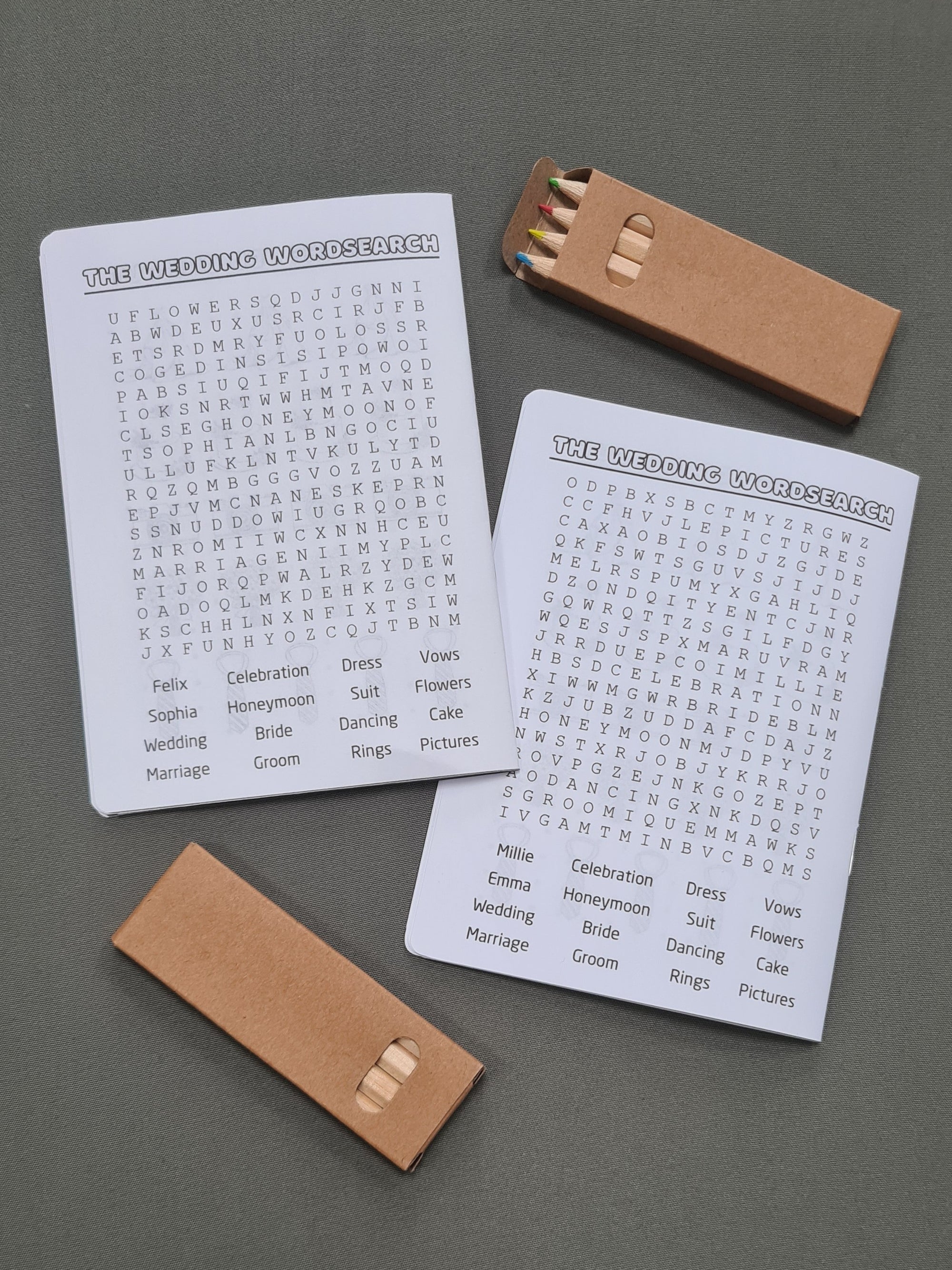 Back Cover of a personalised wedding activity booklet for kids, showing the 'The Wedding Wordsearch' activity. Coloured pencils included.