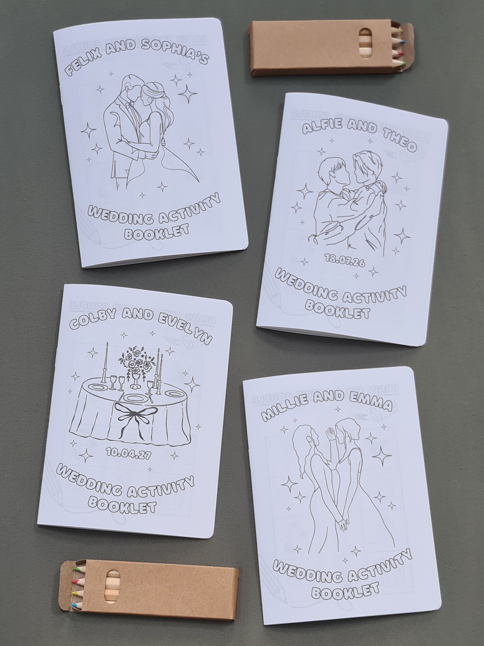 Four versions of inclusive wedding activity booklets for kids are available: one featuring an opposite-sex couple, one with a same-sex female couple, one with a same-sex male couple, and one with a neutral design showcasing a charming wedding table scene. Coloured pencils included.