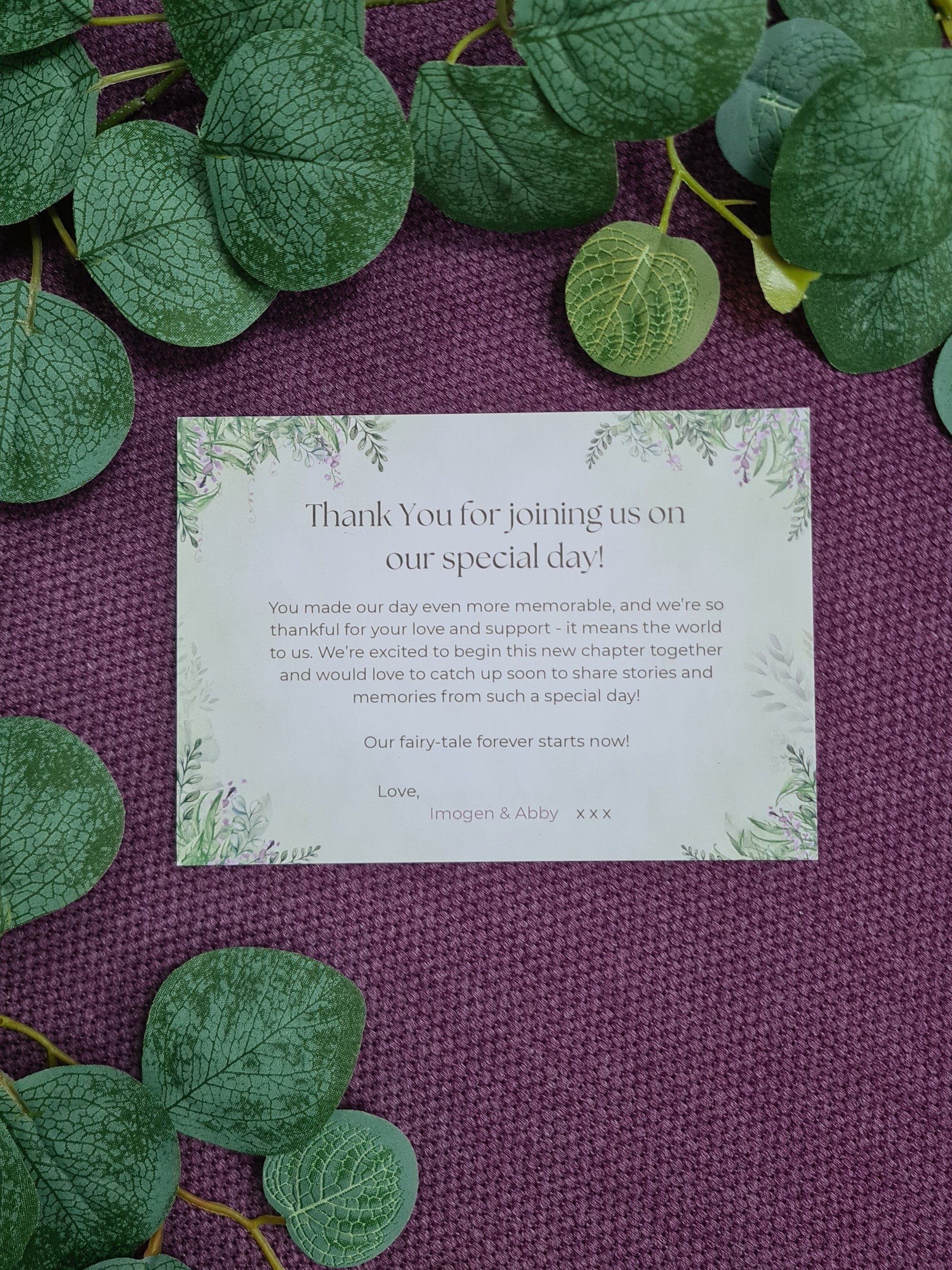 ALÈCLEE Designs - Wisteria Fairy-Tale Wedding Stationary - Thank You Card. Fairy-tale inspired wedding invitation featuring cascading wisteria and lush greenery, capturing a timeless romantic setting.